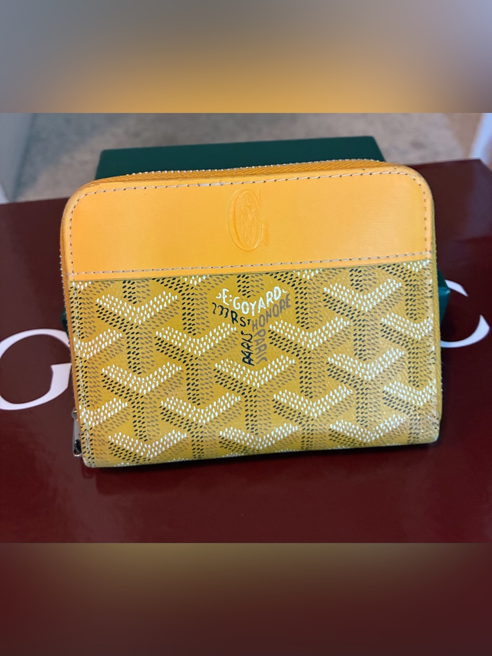 Goyard Mustard Yellow Chevron Zip Wallet with Leather Trim